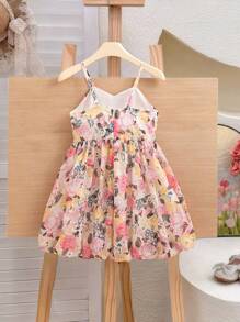 Girls' Summer New Cutout Floral Print Ruffled Front Strap Flare Dress, Casual Sweet Princess Style Dress, Versatile And Fashionable - Multicolor - View 2