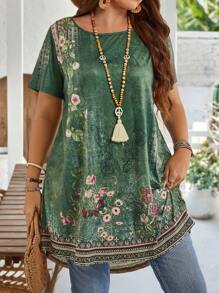 EMERY ROSE Plus Size Crew Neck Short Sleeve Floral Print Casual Blouse, Everyday Wear,Summer Outfits For Women/Summer,Tropical Vacation Woman Clothes - Green - View 1