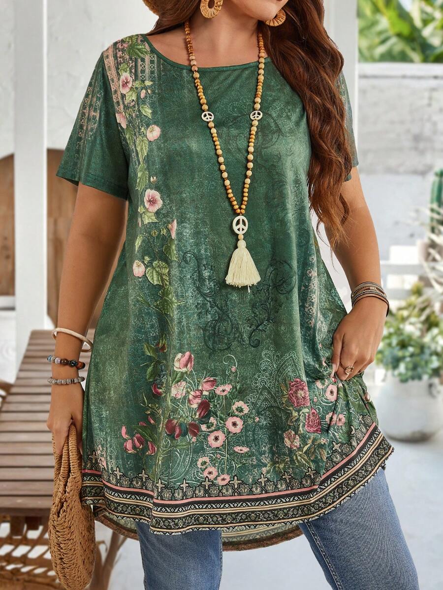 EMERY ROSE Plus Size Crew Neck Short Sleeve Floral Print Casual Blouse, Everyday Wear,Summer Outfits For Women/Summer,Tropical Vacation Woman Clothes - Green - View 1