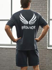 Manfinity BRENVOR Conjunto de dos piezas de hombre de moda casual de punto, camiseta de manga corta y pantalones rectos de cintura elástica, ajuste muscular, para verano