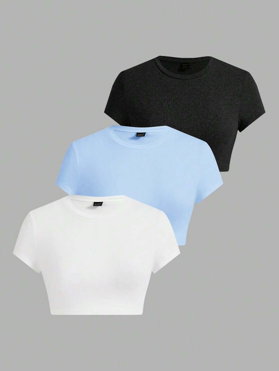 SHEIN EZwear 3 件套女士休闲简约黑色、浅蓝色、白色 T 恤,适合夏季 - 彩色 - 查看 1