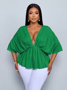 SOLERSUN Áo sơ mi tay ngắn xếp ly bèo nhún cổ chữ V màu trơn mới cho nữ mùa xuân và mùa hè cỡ lớn, áo thường ngày, rộng rãi, thoải mái khi đi chơi - màu xanh lá - Xem 3