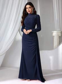 Coutiva 女士立领仿珍珠装饰长款晚礼服、优雅连衣裙、派对礼服、婚礼宾客礼服、正式礼服 - 藏蓝色 - 查看 4