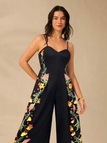 CAJUNI Tuta estiva casual da donna con stampa floreale tropicale bohémien e fantasia, con canottiera nera