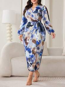 Modelyn 大码女式扎染印花灯笼袖打结腰部优雅连衣裙 - 彩色 - 查看 5