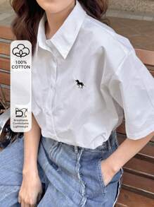 FRIFUL 女士宽松白色短袖刺绣图案衬衫，夏季学院风上衣 - 白色 - 查看 8
