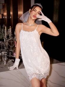 SilkySpell Women's Loose Lace Camisole Nightgown With Ruffle Trim - White - View 1