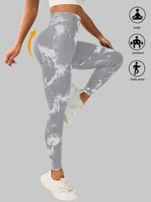 Easithlete 扎染印花高腰无缝运动紧身裤瑜伽女裤 - 淺灰色 - 查看 3