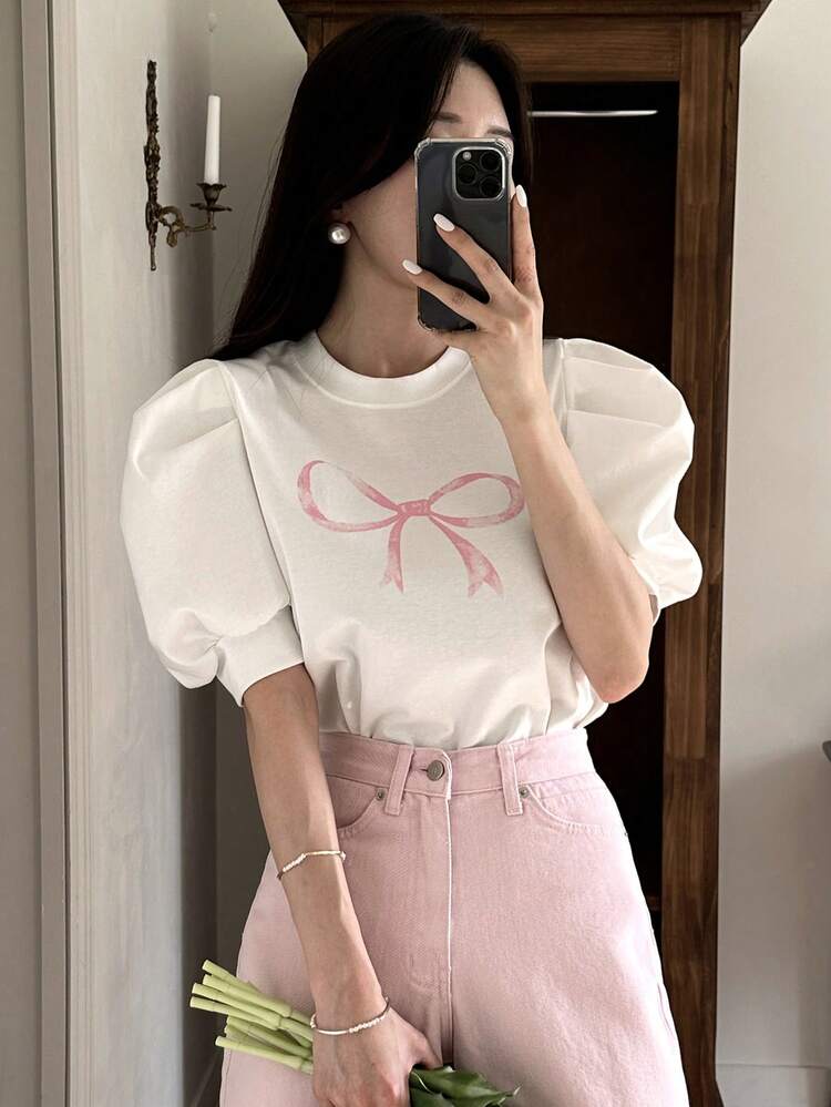 Women's Round Neck Short Sleeve Bow Print Casual Top, Everyday Wear,Graphic Tees,Back To School Clothes