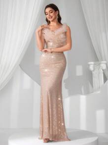 Coutiva Elegant Mesh Sequin Embellished Formal Evening Gown, Party Dress, For Wedding Guest - Apricot - View 6