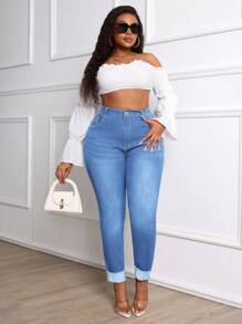 SHEIN CURVE+ Plus Size Women Skinny Distressed Ripped Ankle Jeans Summer Outfits For Women Festival Outfits Elegant Vacation Outfits Woman Casual - Light Wash - View 6