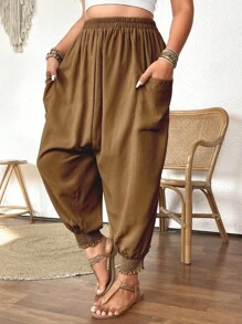 Calvaya 大码女式纯色松紧腰口袋抽绳踝带日常百搭哈伦裤