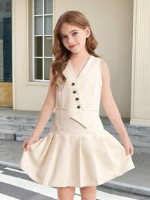Conjunto de 2 piezas para chicas preadolescentes compuesto por top sin mangas de unicolor con botones asimétricos y falda plisada, color beige, ideal para volver al colegio, con estilo francés elegante y para ir de manera fashionable - Beis - Ver 4