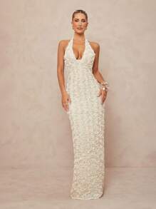 Lumalex 女士3D玫瑰花装饰U领紧身开衩无袖连衣裙 - 杏色 - 查看 5