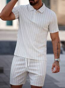 Manfinity CasualCool Men's Striped Short Sleeve Polo Shirt And Drawstring Waist Shorts Set, Men Two Pieces Sets - Coffee Brown - View 7