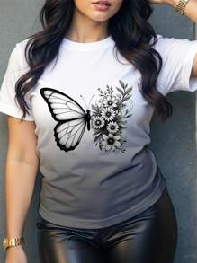 VaVaBold Women's Butterfly & Floral Print Round Neck Short Sleeve Casual T-Shirt