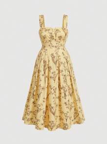 SHEIN CURVE+ Vestido maxi de talla grande con estampado retro negro sobre fondo albaricoque, suelto y fluido, con falda acampanada y tirantes, adecuado para vacaciones y verano