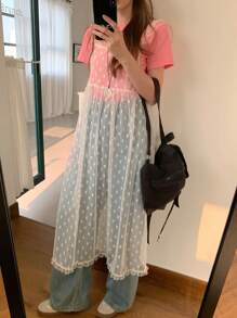 DAZY 夏季新款宽松休闲毕业蕾丝透视中长连衣裙 - 白色 - 查看 2