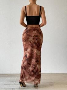 Rafferiza Rok Wanita Kasual Motif Gradien Belahan Samping, Pakaian Musim Gugur untuk Wanita - Coffee Brown - View 2