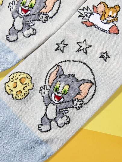 TOM & JERRY X SHEIN 1 Pair Women's Colorblock Cartoon Cat Pattern Comfortable Ankle Socks