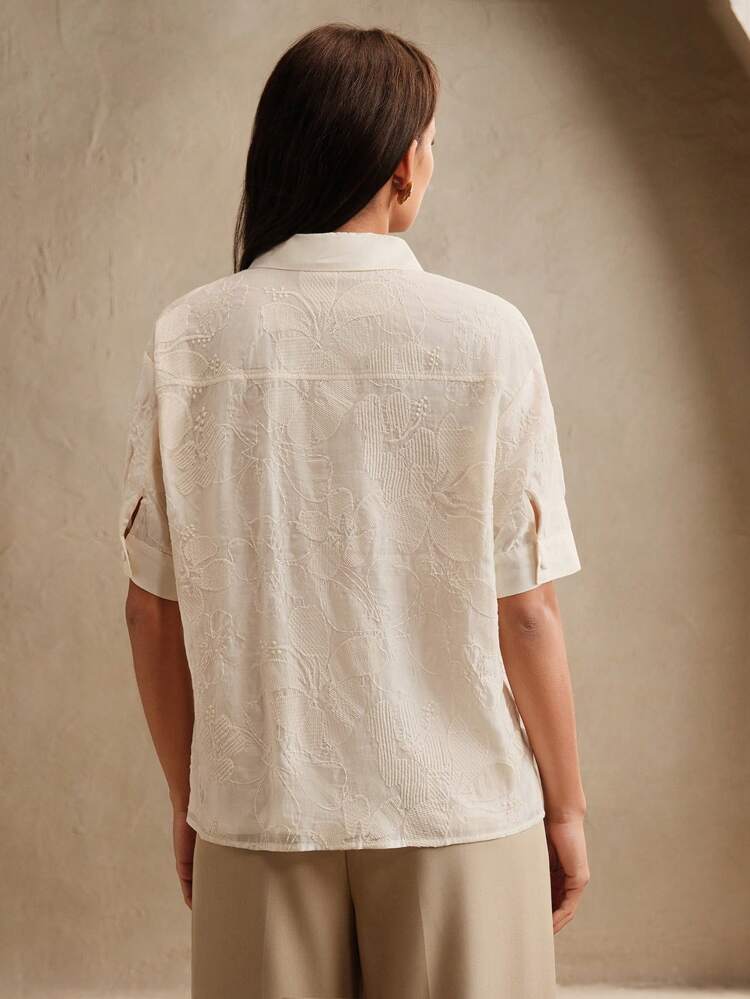 Women Summer Elegant Vacation Holiday Beach Festival Embroidered Sheer Cardigan Short Sleeve Shirt