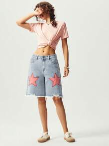 Bohemela BOHO Cowgirl Outfit Star Print Raw Hem Bermuda Shorts