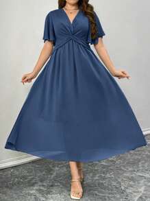 Easura 大码女式优雅百搭 V 领扭纹透明雪纺 3/4 袖连衣裙，适合通勤、约会、度假 - 藏蓝色 - 查看 3