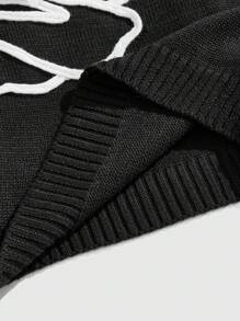 ROMWE MEN Casual Men's Floral Embroidery Round Neck Short Sleeve Loose Knit Sweater, Vacation - Black - View 7