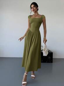 Firerie 优雅方领短袖腰部褶裥蝴蝶结及踝连衣裙，休闲/约会装，春夏杏色，适合婚礼场合 - 軍綠色 - 查看 5