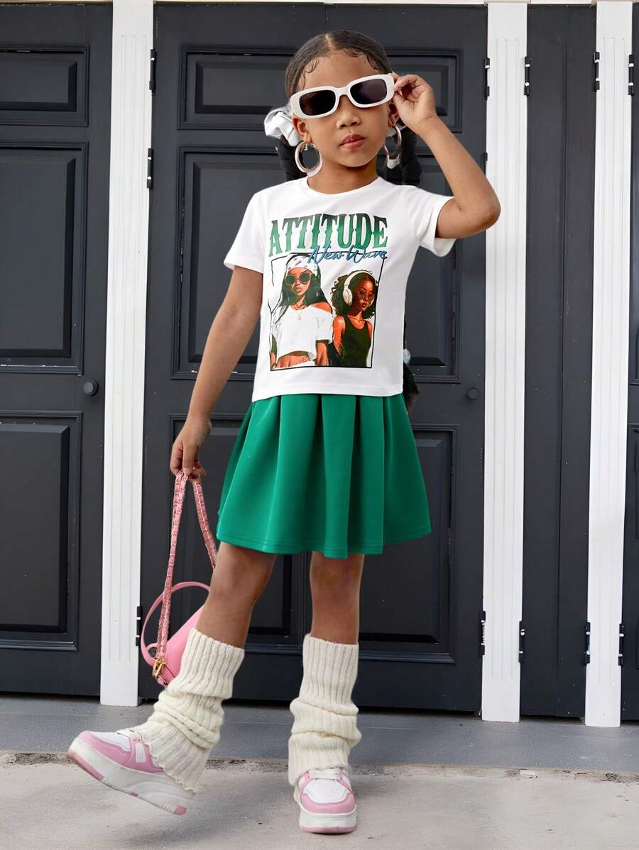 SHEIN Leap Crew 2pcs Girls Solid Color Knit Round Neck T-Shirt And Woven Skirt Set - Green - View 1