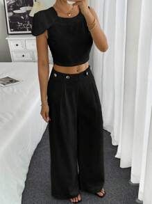 Chiquease 2 件套女士圆领无袖时尚修身上衣和纽扣时尚宽松长裤套装 - 黑色 - 查看 6