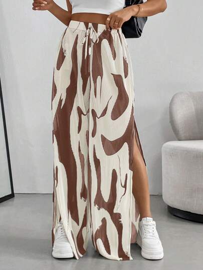 SHEIN Essnce Fashionable Side High Slit Color Block Print Pleated Wide Leg Pants
