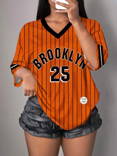 Slaydiva Plus Size Women's Letter & Number Graphic Casual T-Shirt, Suitable For Summer, Sports, Orange Stripe Brooklyn Printed Design Suitable For Going Out