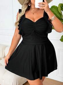 SHEIN CURVE+ Plus Size Women's Summer Ruffle Strap Drawstring Waist Tankini Swimsuit Set With Skirt - Black - View 5
