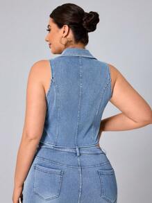 SHEIN Essnce Plus Size Women Fitted Minimalist Denim Jacket - Blue - View 2