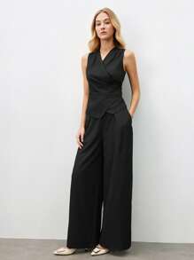 BizChic 女式黑色褶皱腰无袖背心套装，浪漫优雅的日常时尚商务休闲装，适合办公室、通勤、秋冬复古风格 - 黑色 - 查看 3