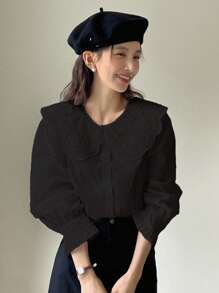 DAZY Contrast Schiffy Statement Collar Flare Sleeve Blouse Long Sleeve Top