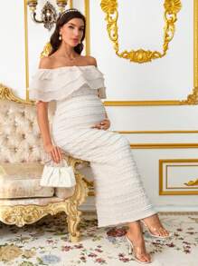 SHEIN 优雅孕妇露肩荷叶边下摆夏季连衣裙 - 白色 - 查看 5