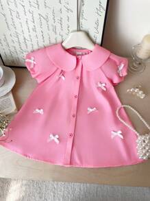 Baby Girl Cute Pink Peter Pan Collar Bow Short Sleeve Dress, Summer - Pink - View 7