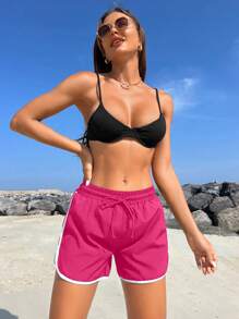 Swim SPRTY Vacation Beach Contrast Trim Drawstring Waist Beach Shorts For Summer - Hot Pink - View 3
