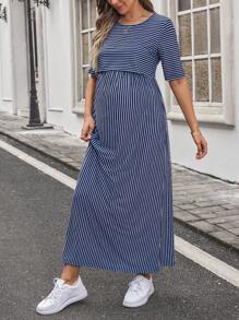 SHEIN 孕妇及哺乳条纹圆领短袖休闲连衣裙