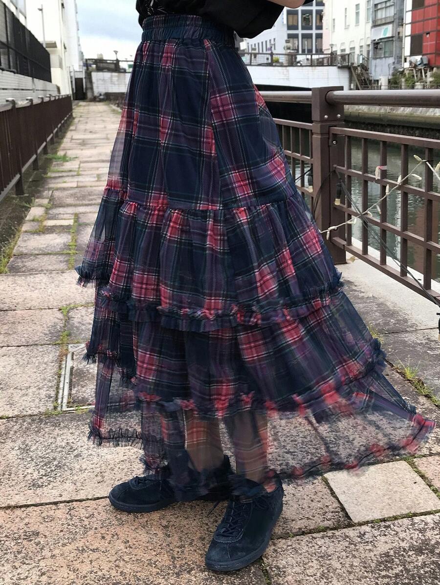 FRIFUL 女士蓝色格子褶裥薄纱半身裙，高腰设计，适合娇小身材，春夏款 - 藍色 - 查看 1