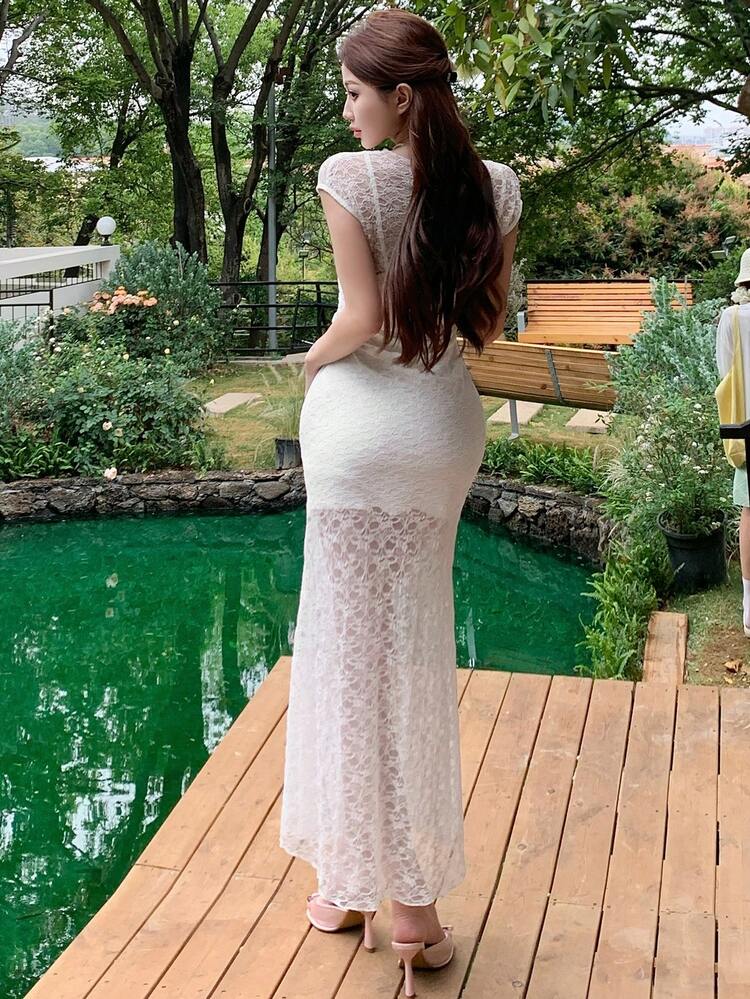 Women's Elegant Contrast Lace Fish Tail Hem Long Dress Maxi Dress