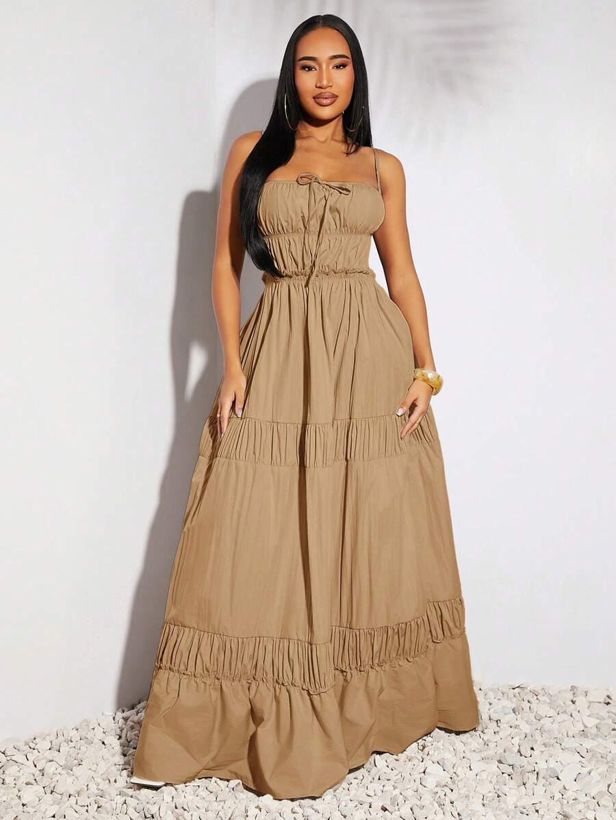 SHEIN SXY 春夏季度假婚礼情人节女装优雅洋气服装灰卡其色仿麻面料大吊带背心褶皱设计一摆长连衣裙