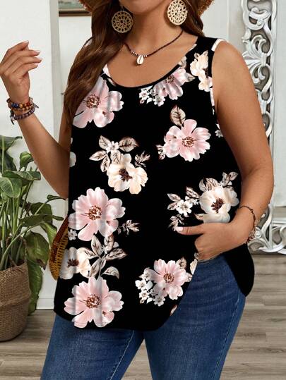 EMERY ROSE Plus Size Women Floral Print Casual Loose Fit Ruched Wide Strap Sleeveless Top, Suitable For Spring & Summer Suitable For Going Out