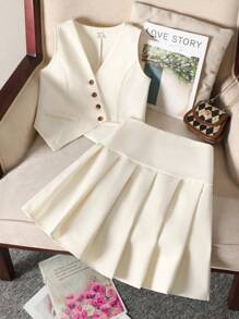 Conjunto de 2 piezas para chicas preadolescentes compuesto por top sin mangas de unicolor con botones asimétricos y falda plisada, color beige, ideal para volver al colegio, con estilo francés elegante y para ir de manera fashionable - Beis - Ver 2