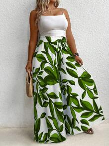 Plus Size Women's Vacation Plant Print Belted Wide Leg Pants Fall Cloth For Women