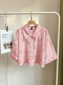 SHEIN EZwear 大码彩色笑脸印花前扣衬衫，粉色 - 粉色 - 查看 1