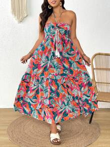 SHEIN Frenchy Plus Size Vacation Casual Allover Print Backless Halter Dress - Multicolor - View 4