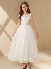 SHEIN 全新少女婚礼花童公主裙贴花薄纱泡泡裙钢琴演奏表演服花童选美礼服 - 白色 - 查看 4